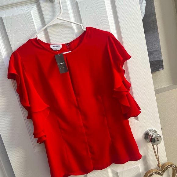 Bebe Blouse Vera cascading sleeve keyhole top Goji berry size medium new w/ tags - Picture 5 of 13